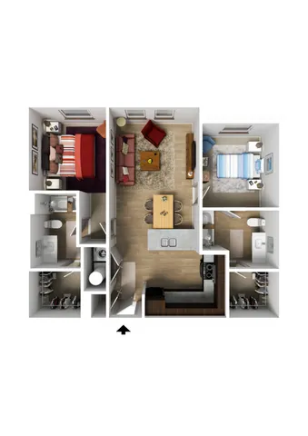 Modern 3D floor plan showcasing two bedrooms, two bathrooms, an open-concept living and dining area with stylish furniture, and a well-equipped kitchen.