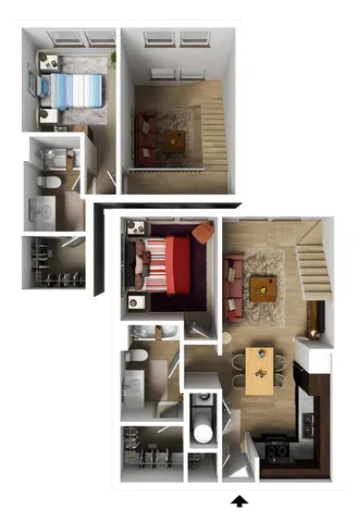 Contemporary 3D floor plan showcasing a chic two-bedroom apartment with an inviting open-plan living area, modern kitchen, and stylish bathrooms.