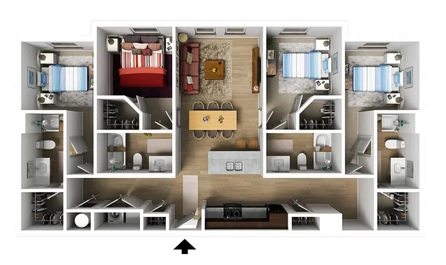 Modern 3D floor plan showcasing 3 bedrooms, an elegant living room, open dining area, and fully-equipped kitchen, perfect for comfortable family living.