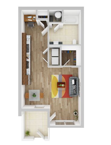 Modern open-concept floor plan with inviting living area, sleek kitchen, functional laundry space, and stylish bathroom.