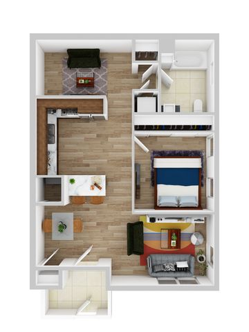 Vibrant 3D floor plan showcasing a spacious one-bedroom apartment with an open living area, modern kitchen, and stylish bathroom.