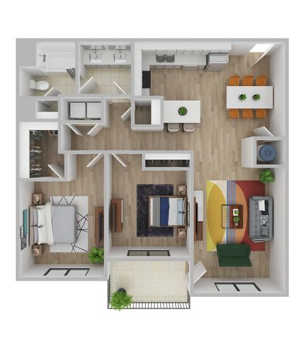 Contemporary 3D floor plan showcasing two well-sized bedrooms, a luxurious open-plan living area, modern kitchen, and stylish dining space, ideal for comfortable living.