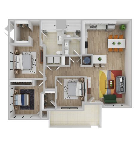 Modern floor plan featuring 3 bedrooms, an airy living room, a sleek kitchen with dining space, and stylish interiors.