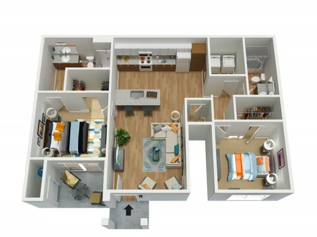 with full size washer a dryer, granite counter tops, and modern finishes.