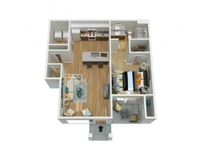1b1b with full size washer a dryer, granite counter tops, and modern finishes.
