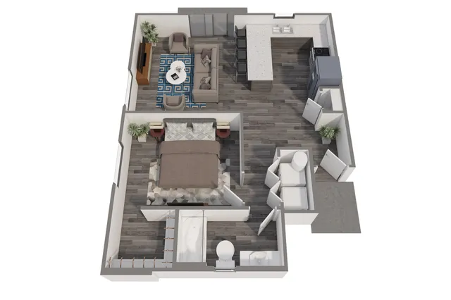 3D floor plan of a modern apartment with a spacious bedroom, open-concept living area, and stylish kitchen.