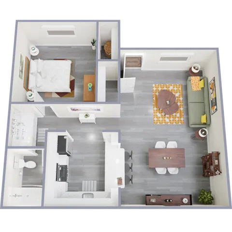 Modern floor plan featuring 1 bedroom, open-concept kitchen, and spacious living area with stylish decor.