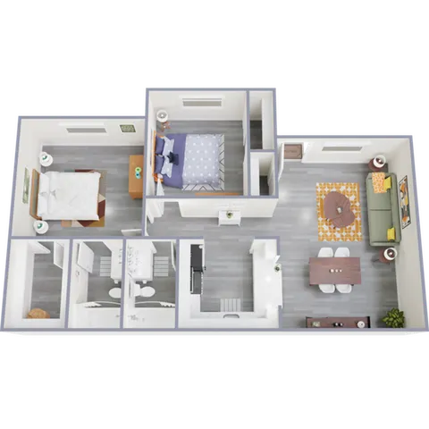 Chic 3D floor plan with 2 bedrooms, open living room, and modern kitchen.