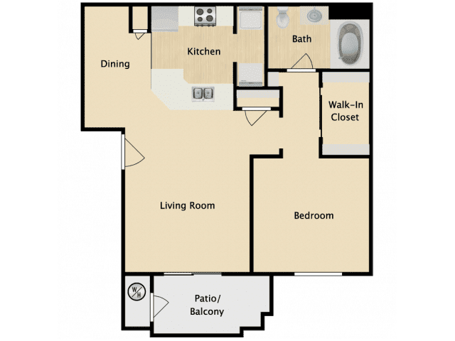 Charming 1-bedroom floor plan showcasing a spacious living room, modern kitchen, dining area, walk-in closet, bath, and cozy patio/balcony.