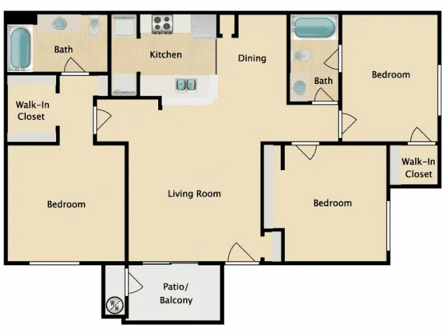 Spacious floor plan featuring 3 bedrooms, an inviting living room, dining area, modern kitchen, 2 baths, and 2 walk-in closets, complete with a patio/balcony.