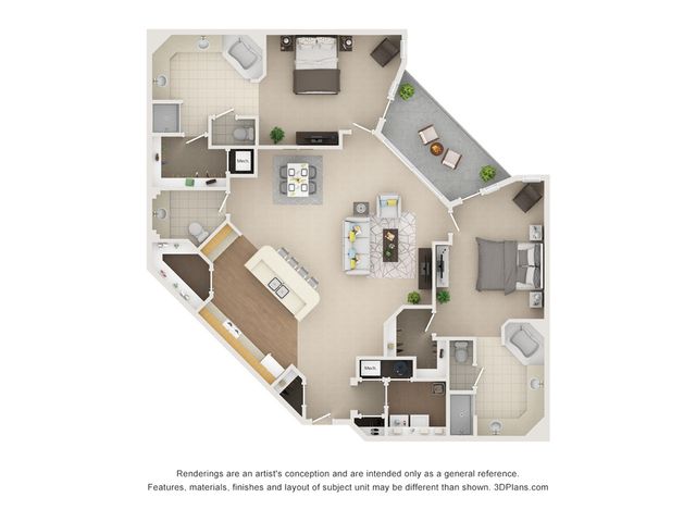 Modern 3-bedroom apartment floor plan featuring an open-concept living area, stylish kitchen with island, and two elegant bathrooms, complemented by a cozy patio space.