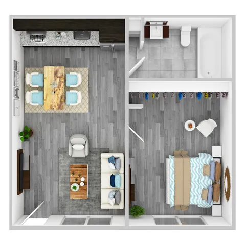 Modern floor plan illustrating a cozy 1-bedroom apartment with open-concept kitchen and living area, stylish bathroom, and spacious closet.
