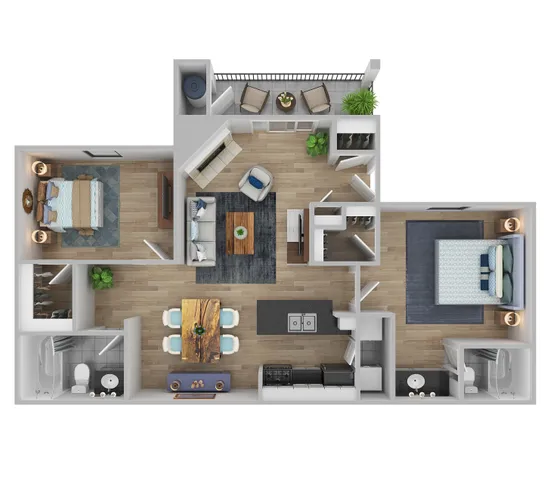 Modern floor plan showcasing 2 bedrooms, an open living room, and a contemporary kitchen with dining area. Includes two bathrooms and a balcony for outdoor enjoyment.