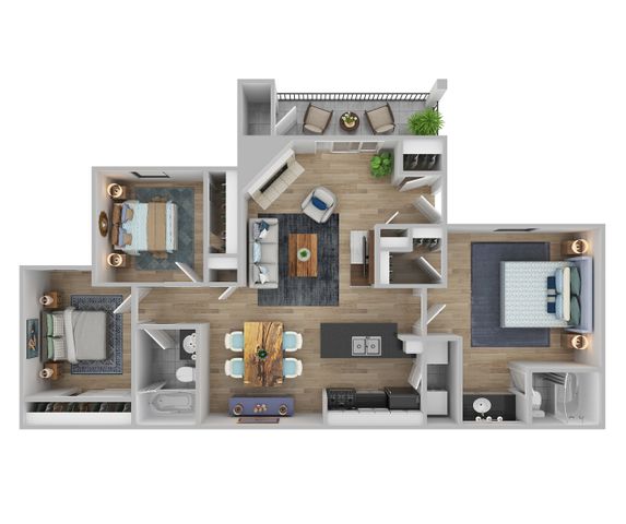Modern 3D floor plan with 3 bedrooms, open living and dining area, sleek kitchen, and cozy balcony space.