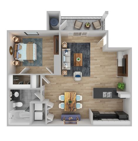 Modern open-concept floor plan featuring one bedroom, cozy living area, stylish kitchen, and private balcony.