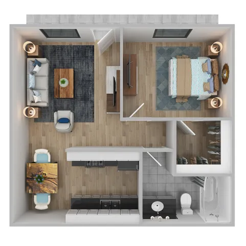 Modern 2D floor plan featuring a cozy one-bedroom apartment with stylish open-concept living area, sleek kitchen, and well-appointed bathroom.