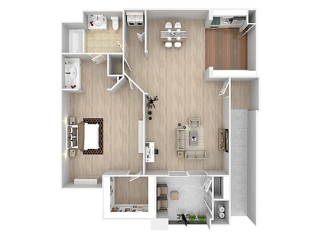 Luxurious open-concept floor plan with a spacious living area, modern kitchen, elegant bedroom, and two chic bathrooms.
