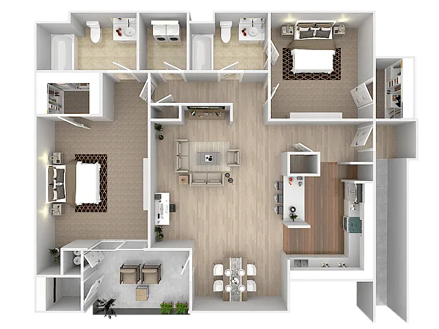 Elegant 3-bedroom floor plan with open-concept living area, modern kitchen, and cozy outdoor patio.