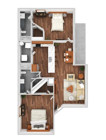 Modern floor plan featuring 2 bedrooms, a sleek kitchen with marble counters, inviting living area, and elegant bathrooms.