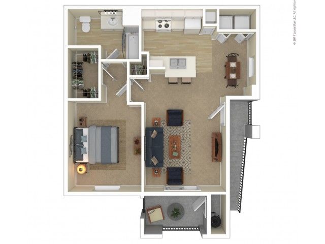 Modern 3D floor plan showcasing a 1-bedroom apartment with an open-concept living and dining area, a spacious kitchen with island, and a cozy balcony.