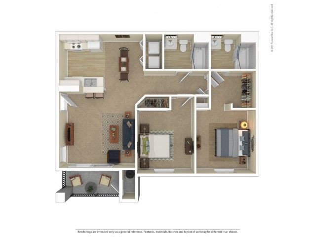 Inviting 3D floor plan featuring a modern layout with two bedrooms, a cozy living area, a well-equipped kitchen, two bathrooms, and a private balcony for relaxation.