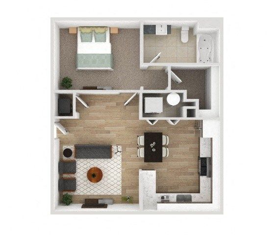 Charming 1-bedroom apartment floor plan featuring an open-concept living and dining area, modern kitchen, and stylish bathroom.