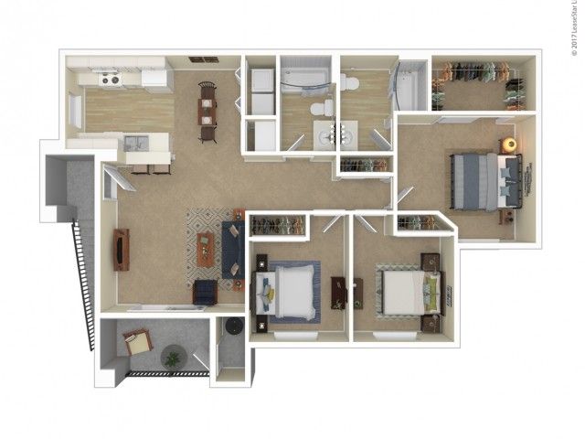 Contemporary 3D floor plan showcasing 3 bedrooms, elegant open-concept living and dining area, and modern kitchen with breakfast bar.