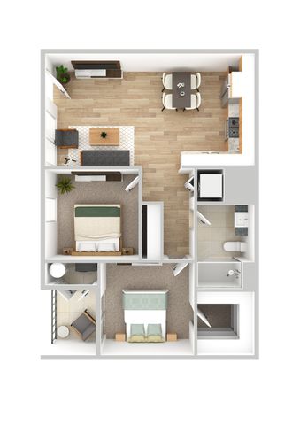 Elegant floor plan showcasing 2 cozy bedrooms, modern open kitchen, and inviting living area with natural light.