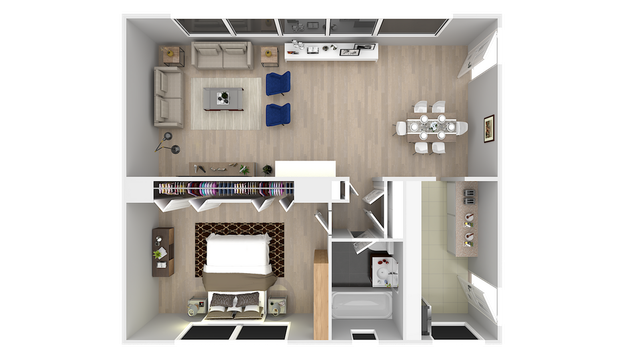 Modern 3D apartment floor plan featuring one spacious bedroom, an open living area with stylish seating, a sleek kitchen, and a cozy dining space.