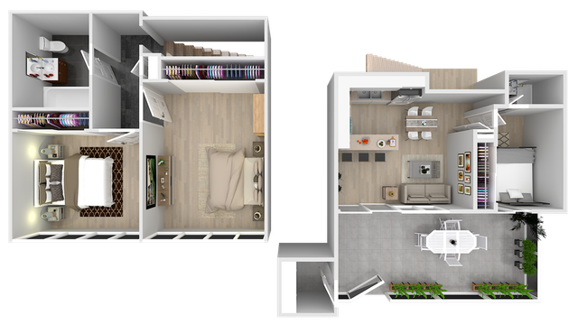 Modern floor plan featuring two bedrooms, an open-concept kitchen and living area, stylish bathrooms, and a spacious outdoor patio.