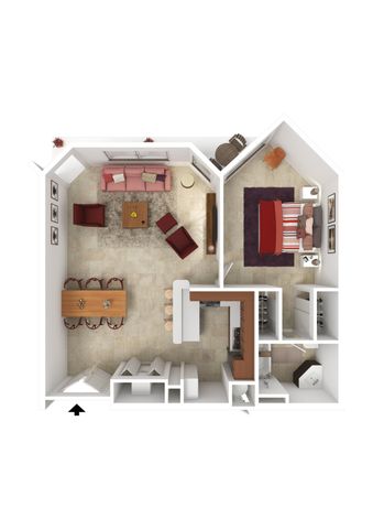 Charming 1-bedroom apartment floor plan showcasing an open-concept living area with cozy furnishings, dining space, and a modern kitchen.