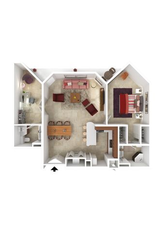 Elegant floor plan showcasing a one-bedroom apartment with an open-plan living and dining area, modern kitchen, and a cozy home office space.