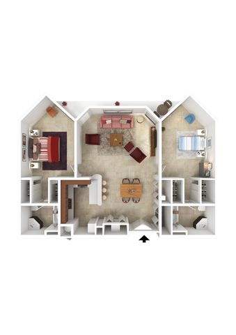 Elegant 3D floor plan showcasing 2 bedrooms, an inviting open-concept living and dining area, with modern kitchen design, ideal for comfortable living.