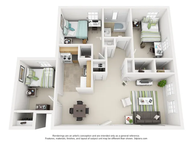 Modern 3-bedroom floor plan with open living space, elegant kitchen, and cozy bedrooms.