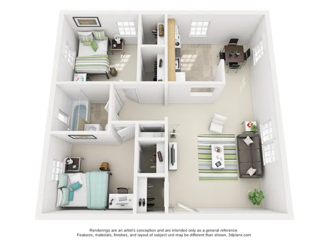 Modern 3D floor plan featuring 2 cozy bedrooms, a stylish open-concept living room, contemporary kitchen, and a chic dining area with natural light.