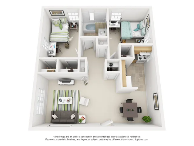 Inviting 3D floor plan featuring 2 cozy bedrooms, modern kitchen, and a bright, open living area.