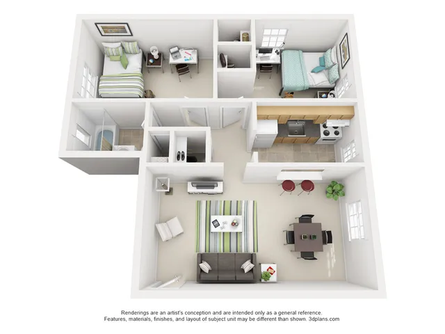 Modern 3D floor plan with 2 bedrooms, inviting living area, functional kitchen, and cozy dining space.