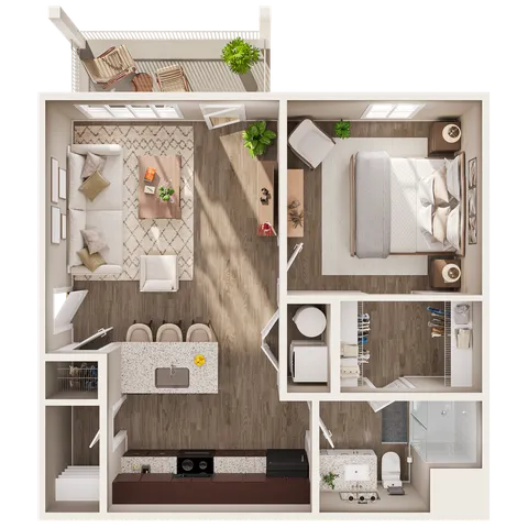 Charming 1-bedroom apartment floor plan with an open living area, modern kitchen, elegant bathroom, and private balcony.