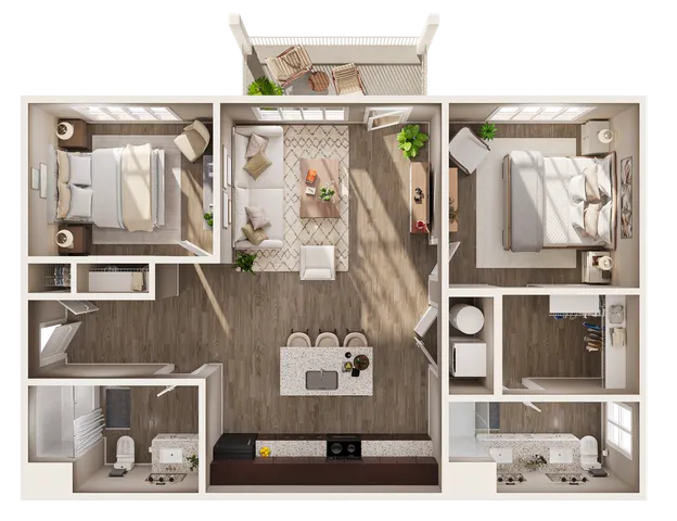 Chic floor plan displaying two cozy bedrooms, a modern open-concept living and kitchen area with island, and a private balcony.