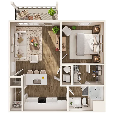 Modern floor plan showcasing a cozy one-bedroom apartment with an open-concept living area, stylish kitchen, and private balcony.