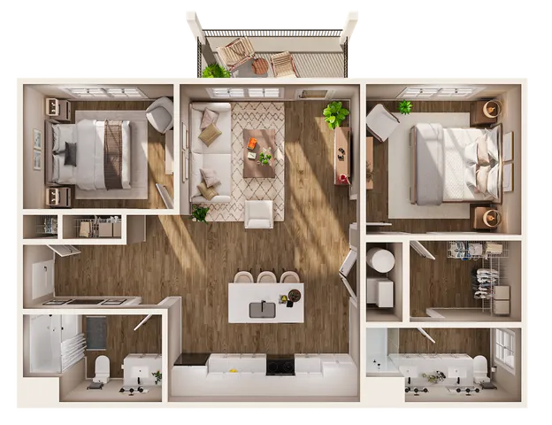 Modern 3D floor plan with two spacious bedrooms, elegant living area, open-concept kitchen, and private balcony.