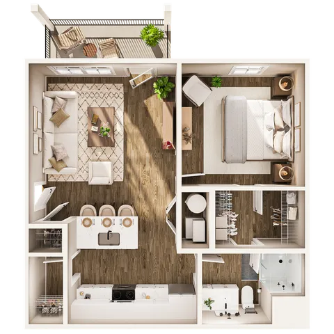 Elegant 1-bedroom floor plan featuring an open-concept living area, modern kitchen with breakfast bar, cozy bedroom, luxury bathroom, and private balcony with seating.