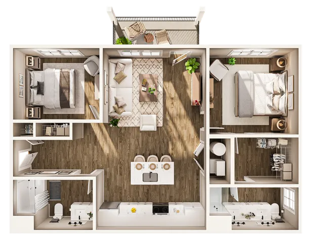 Elegant floor plan showcasing 3 bedrooms, an open living area, and a modern kitchen, with access to a cozy balcony.