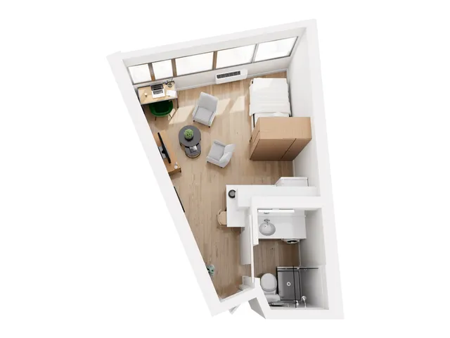 Chic studio apartment floor plan showcasing a cozy sleeping area, modern office nook, and elegant bathroom with sleek design.
