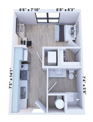 Modern 3D floor plan showcasing a cozy bedroom, sleek kitchen, and compact bathroom, optimized for efficient urban living.