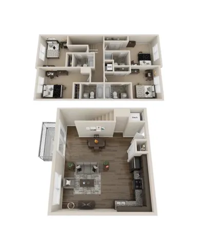 Modern 2-story floor plan featuring 3 bedrooms, 2.5 baths, open living-dining area with balcony, and a sleek kitchen layout.