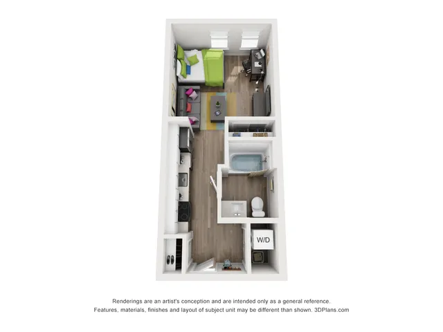 Modern open-concept floor plan with one bedroom, stylish living area, sleek kitchen, full bathroom, and convenient washer/dryer unit.