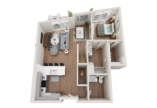 Modern apartment floor plan with open-concept living area, 2 bedrooms, sleek kitchen, and private balcony.