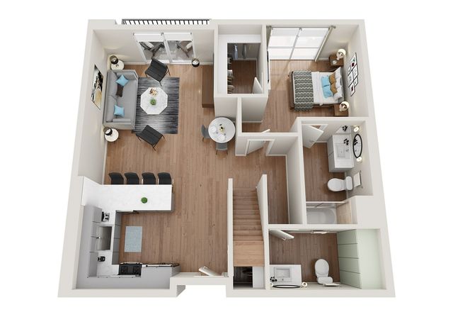 Modern 3D apartment floor plan with one bedroom, open living area, and stylish kitchen, featuring hardwood floors and a private balcony.