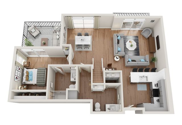 Modern 3D floor plan showcasing a cozy bedroom, elegant living area, open kitchen, and private balcony.